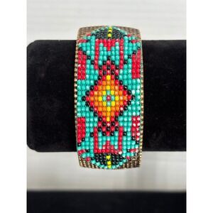 Boho Seed Bead Stretch Cuff Bracelet Antique Gold Tone Geometric Southwestern